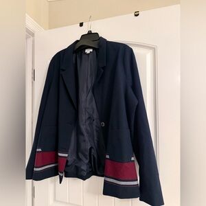 crown & ivy Navy Blazer with Burgundy and Gray Stripe Trim
